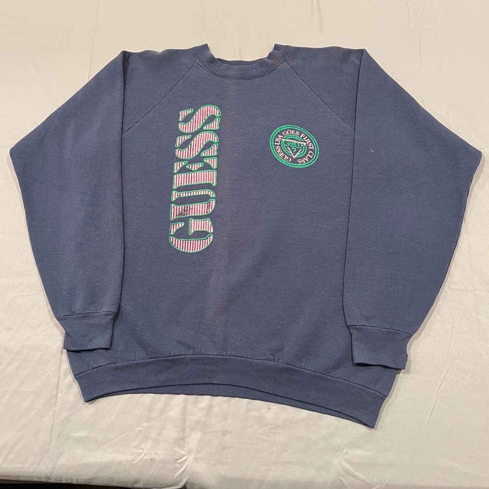 Vintage Guess USA Goes First Class Sweatshirt 90s Navy Blue XL Made in USA